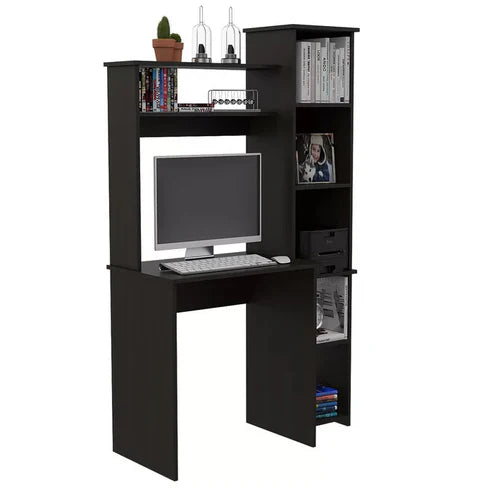 Home and Office Computer Table with Hutch Made in Particle Board and Bookshelf - Dark Brown