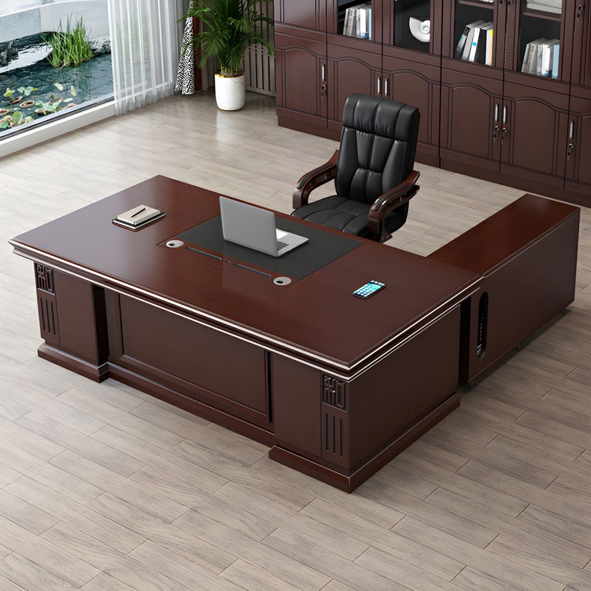 Director & Executive Rectangular Office Table Luxury Desk Made in Plywood with Veneer Reversible Orientation Side Unit Drawer, Storage Along with Wire Manager & CPU Storage - Red