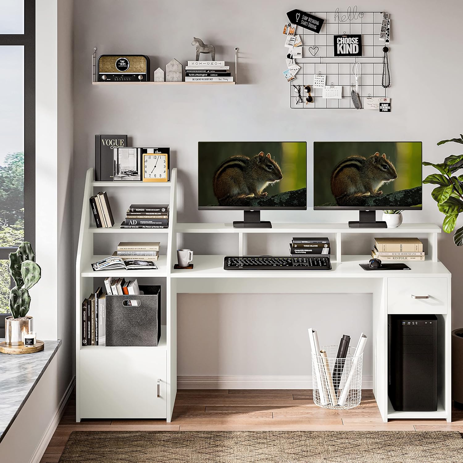 Home Office Computer Table with Hutch and Monitor Shelf, Modern Writing Desk with Drawers and Shelves - White