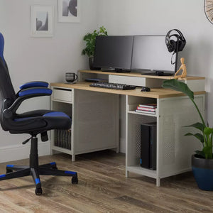 Office Computer Desk Stylish Design Made in MDF with Metal and Drawers, Storage & Cupboard - Grey