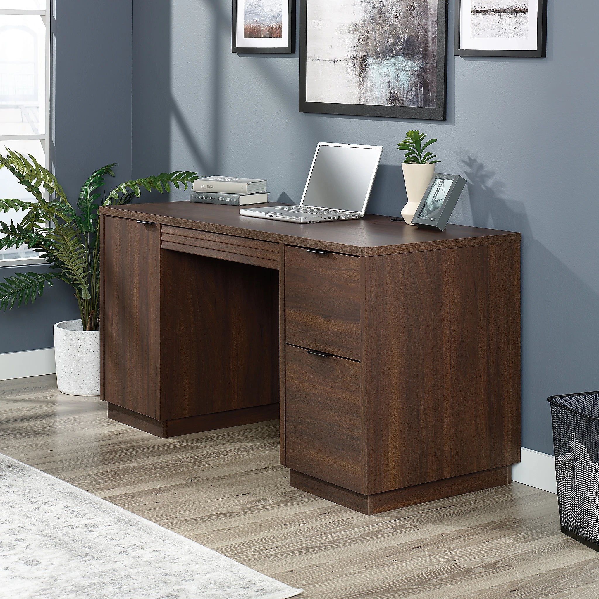 Office Computer and study table made in Pre-laminated board with drawers and wire manager - Spiced Mahogany