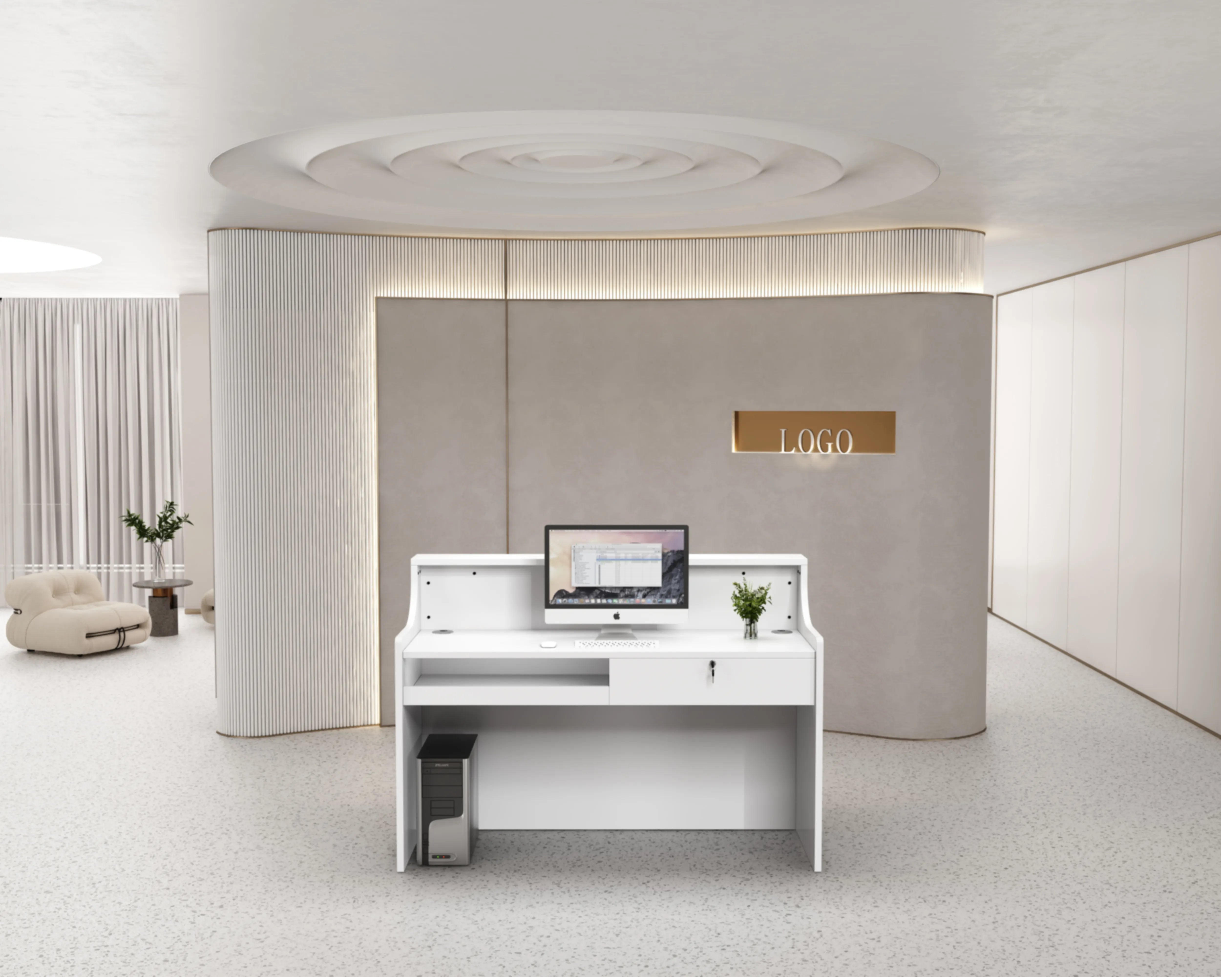 Reception Table for Office Counter Made in MDF with Small Store Front Desk and Drawers & CPU Space - White Color