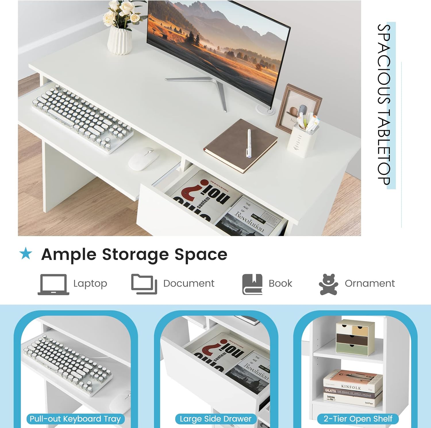 Home and Office Computer Table Made in Particle Board with Keyboard Tray & Bookshelf, Adjustable Shelf- White Color