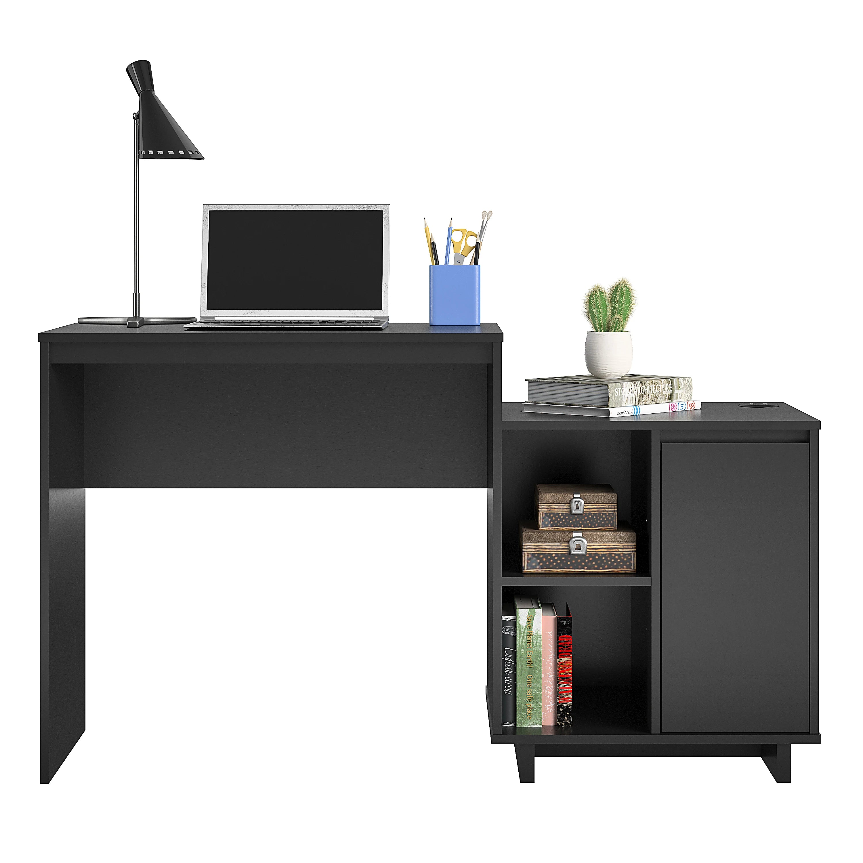 Office Computer and study table made in Pre-laminated board Drawers and Bookcase- Black Color