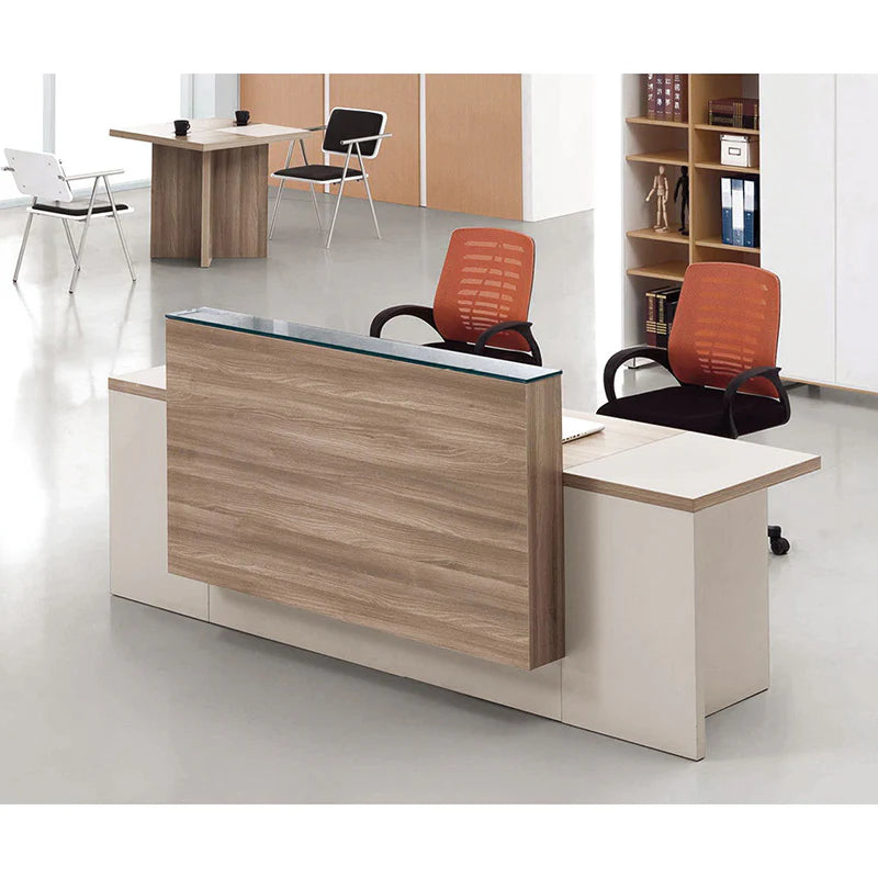 Reception Table Stylish Large for Office Made in MDF with Melamine 2 People Seater Counter and Openable Shutter and Cabinet- Light Walnut