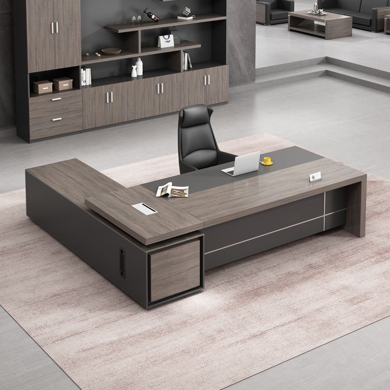 Director L-Shape Office Table Luxury Desk Made In Plywood with Secure Drawer, Storage CPU Space, Side Unit & Wire Manager- Dark Grey