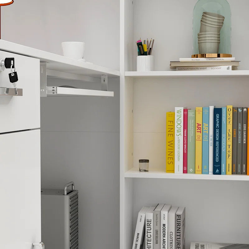 Reception Table for Office L Shape Front Counter Desk Made in Particle Board with Keyboard Tray, Multi Book Self and Openable Shutter & White Color