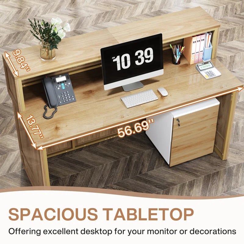 Reception Table for Office & Hotel Front Counter Desk Made in Particle Board with Molding and Pedestal - Brown