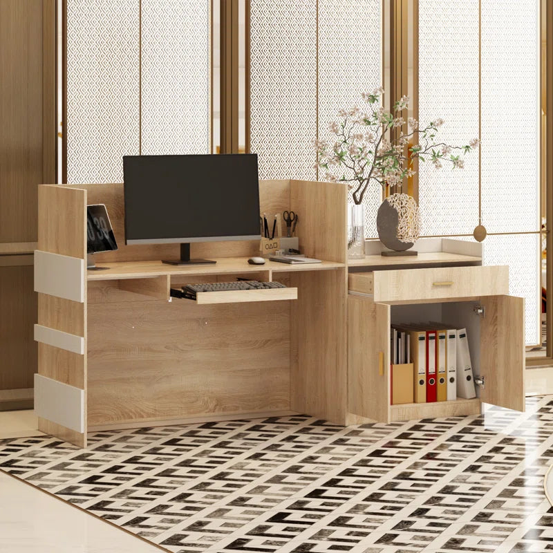 Reception Table for Office & Front Counter Desk Made in Particle Board with Keyboard Tray and Drawers & Openable Shutter- Brown Color