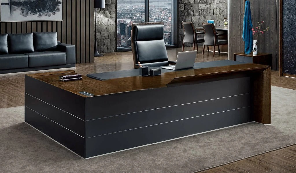 Director L-Shape Office Table Luxurious Executive Desk with Leather & Veneer Top Red Oak Finish Wire Management System and Power/Data Sockets for a Stylish Office or Home Workspace