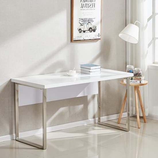 Home and Office High Gloss Laptop Desk In White And SS Chrome Frame- White Color