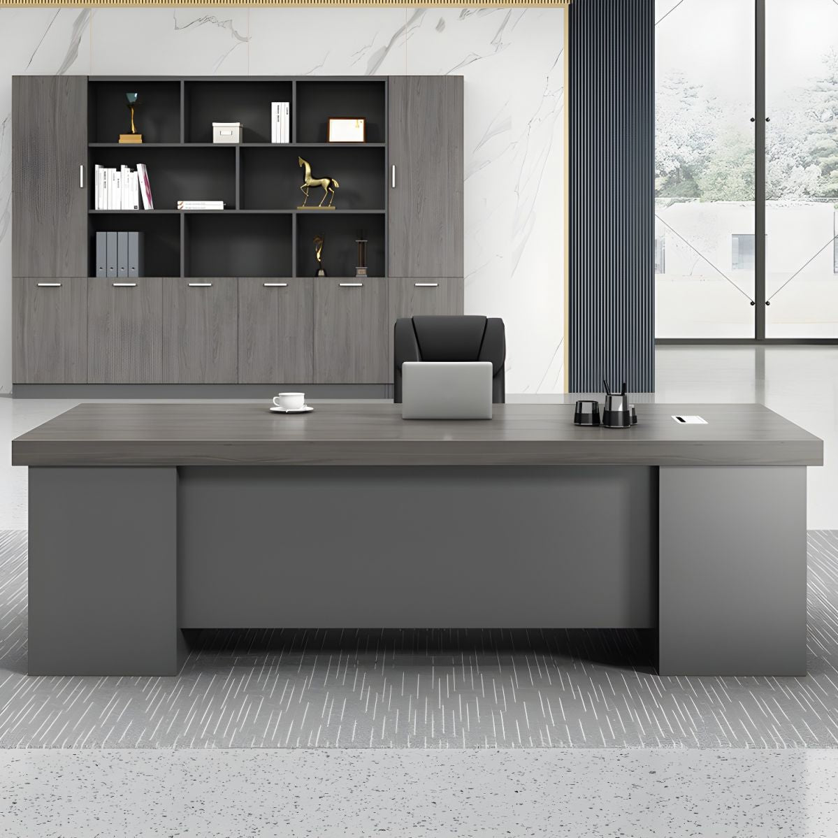 Director & Executive Rectangular Office Table Modern Desk Made in Particle Board with Drawer and Wire Manager - Brown