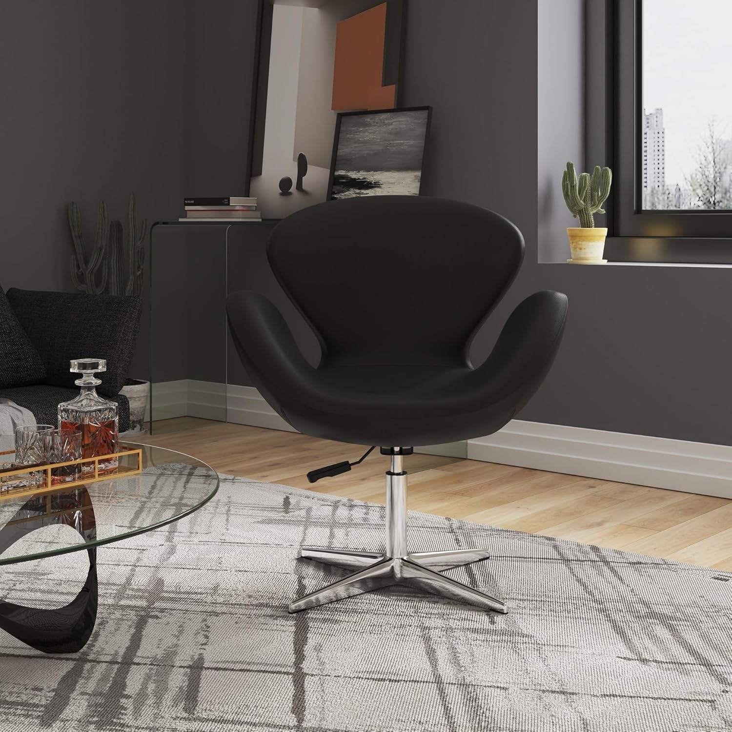 Swivel Lounge Chair With Leatherette Seat in Chrome Legs