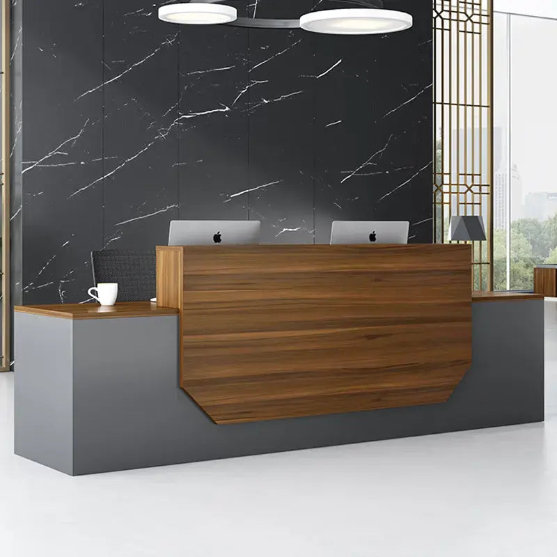 Reception Table for Office Luxury Modern Counter Made in Particle Board and Pedestal & Round Wire Manager- Grey & Brown