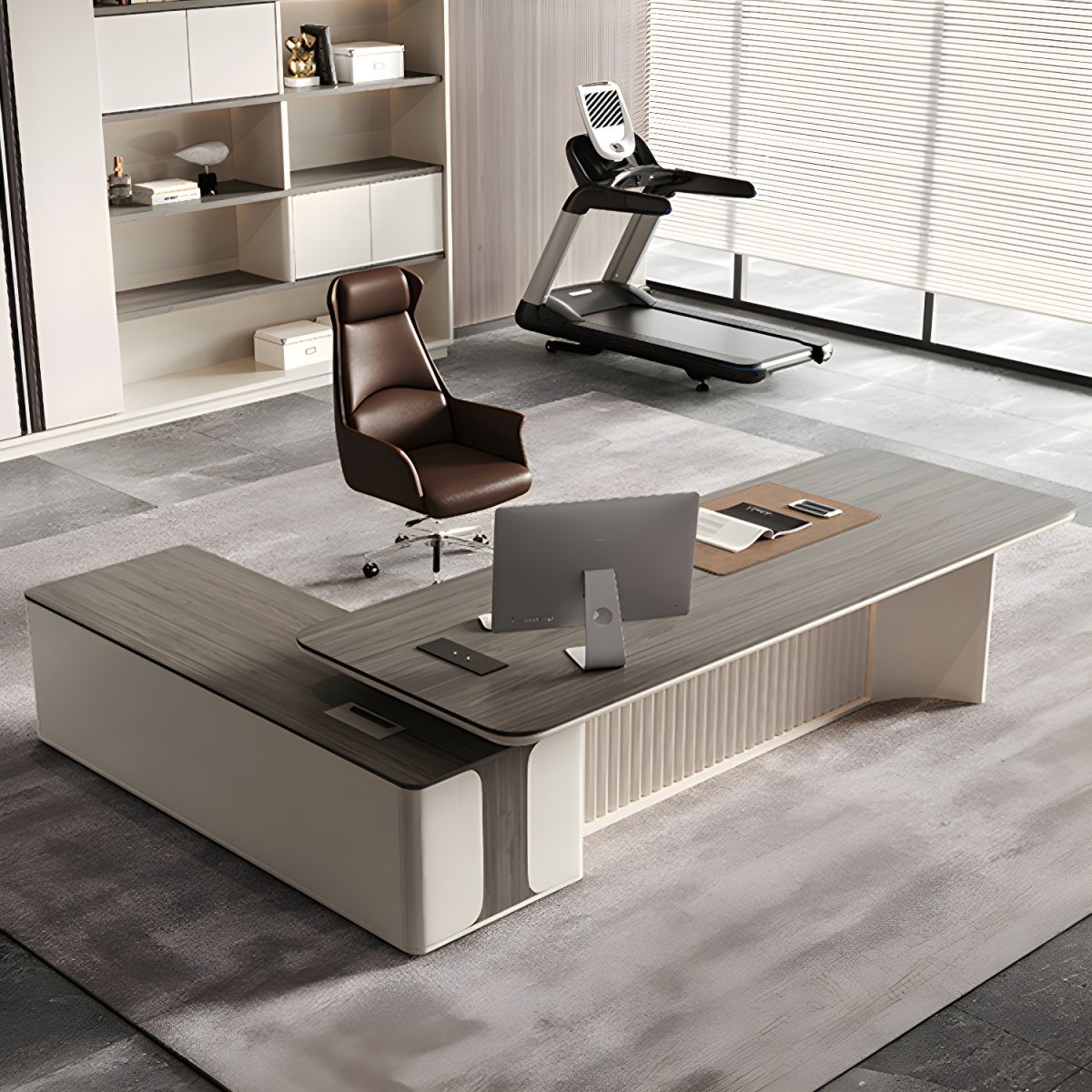 Director & Executive L-Shape Office Table Luxury Desk Made in MDF with Reversible Orientation Side Unit Drawer and Storage Wire Manager & CPU Storage - Grey