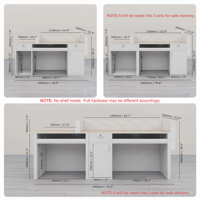 Reception Table for Office Luxury Modern Counter Stylish Design Made in MDF with Marble Pattern and Wire Manager Keyboard Tray and Multi Storage - White & Brown