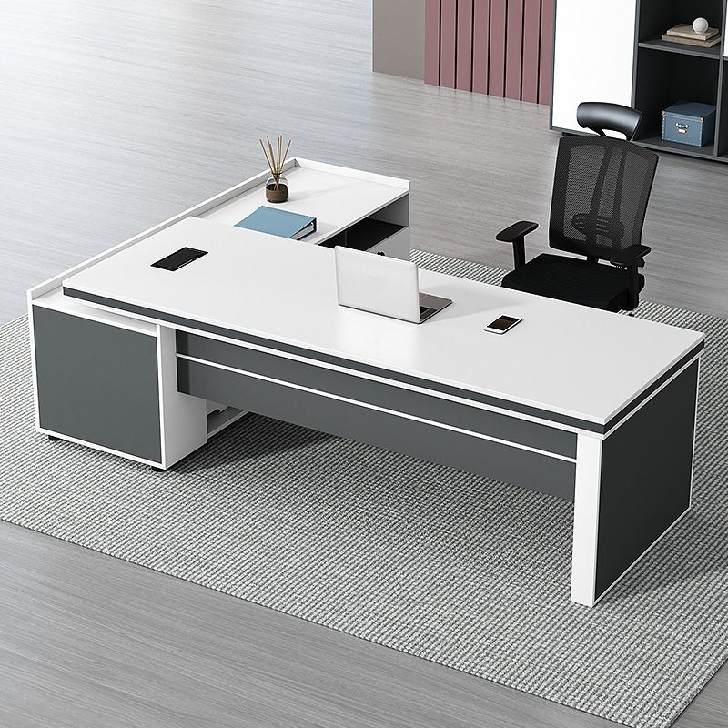 Director & Executive L-Shape Office Table Luxury Desk Made in Particle Board with Side Unit Locking Drawer, Integrated Cable Management, and CPU Storage - Grey & White