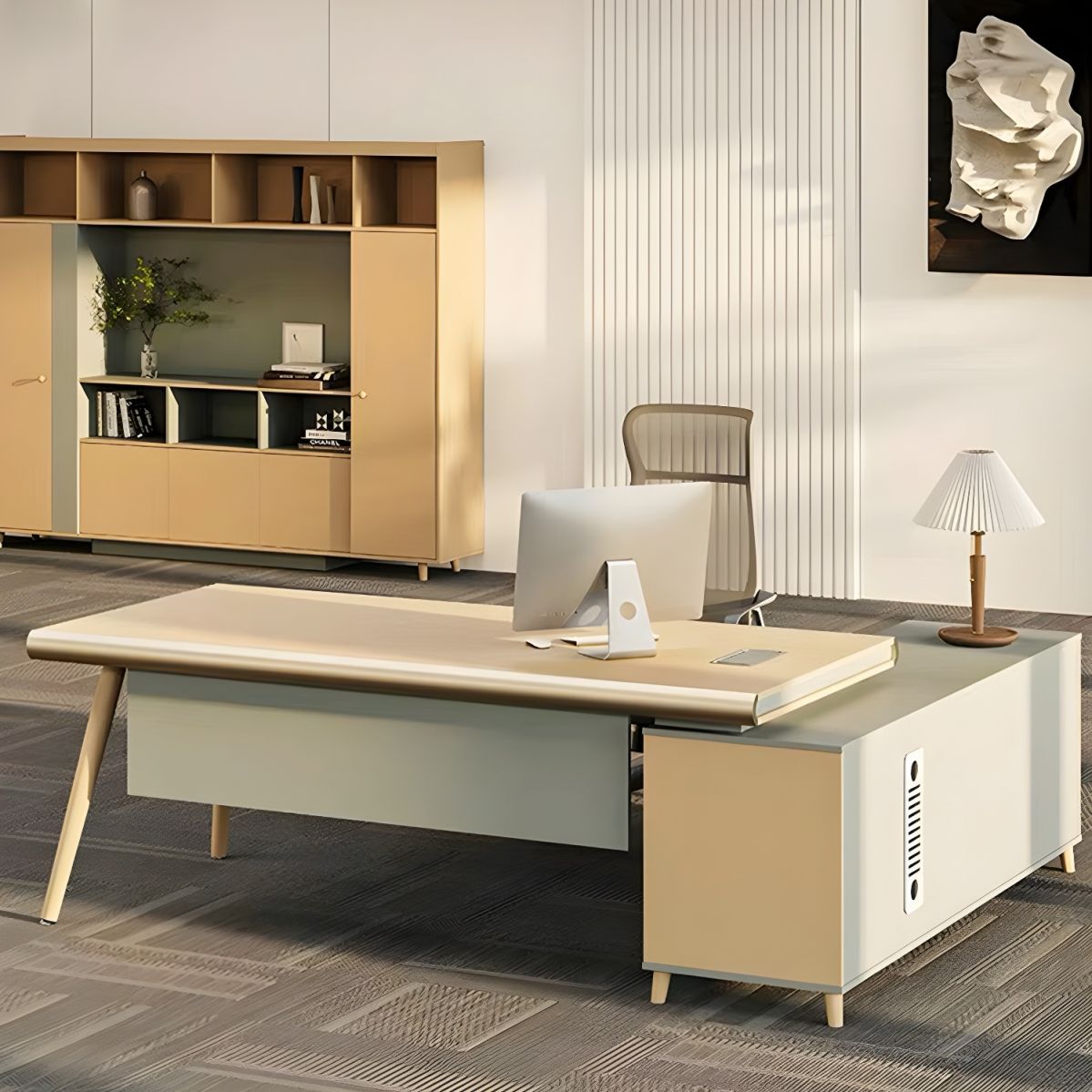 Director & Executive L-Shape Office Table Modern Desk Made in MDF with Side Unit Drawer and Storage Wire Manager & CPU Storage - Beige