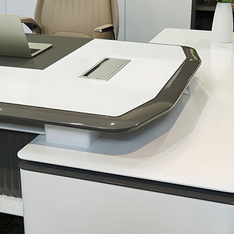 Director L-Shape Office Table Luxury Desk Made in MDF with Reversible Orientation, Integrated Cable Management, and CPU Storage - White Grey