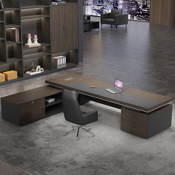 Director & Executive L-Shape Office Table Luxury Desk Made in Particle Board with Side Unit Drawer and Storage Wire Manager- Brown