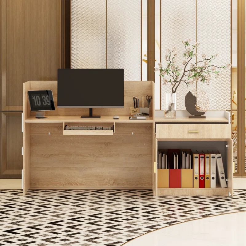 Reception Table for Office & Front Counter Desk Made in Particle Board with Keyboard Tray and Drawers & Openable Shutter- Brown Color