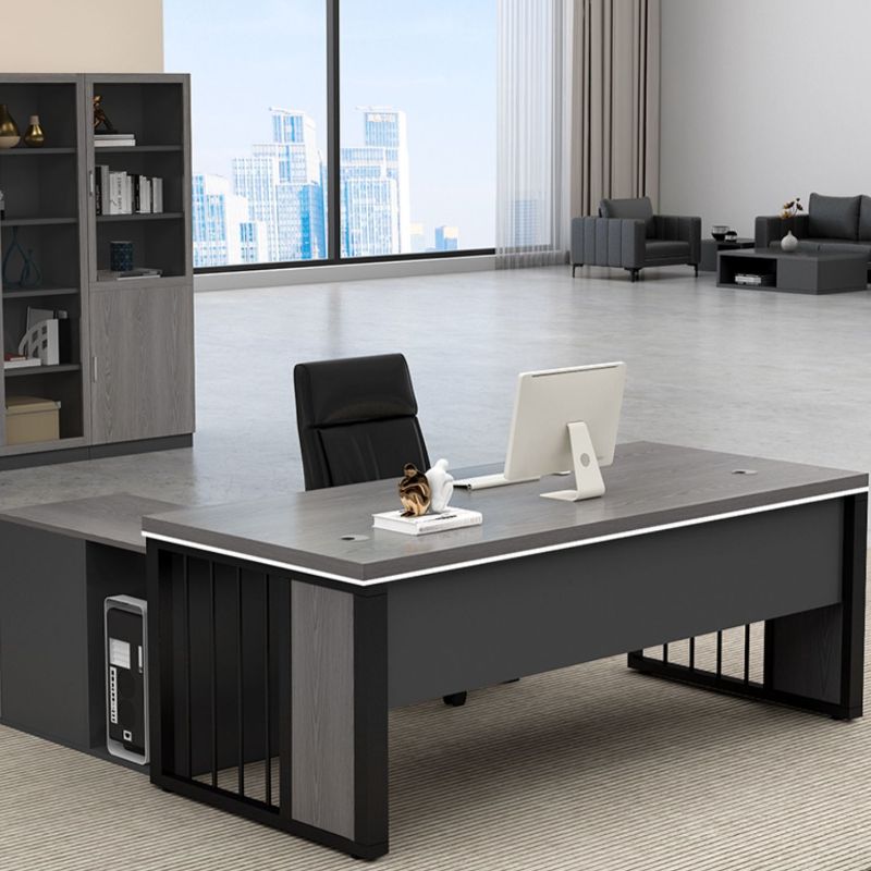 Director L-Shape Office Table Desk Made in Plywood with Wire Manager Drawers Lockable and Storage CPU Space & Metal Base - Grey