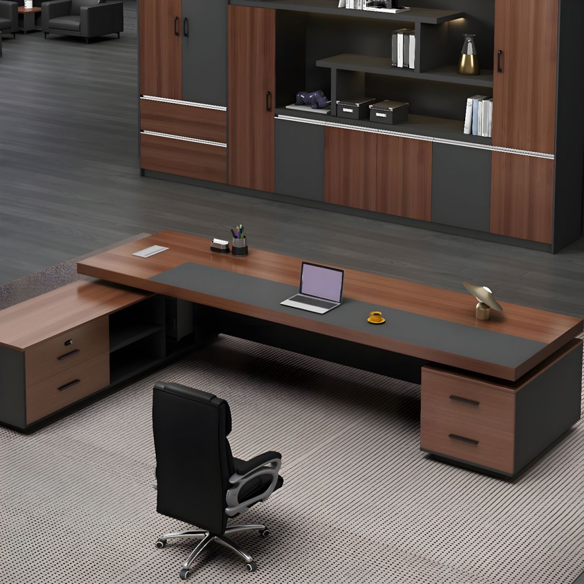 Director & Executive L-Shape Luxury Office Table Modern Desk with Cable Management, Drawer and CPU Storage - Brown