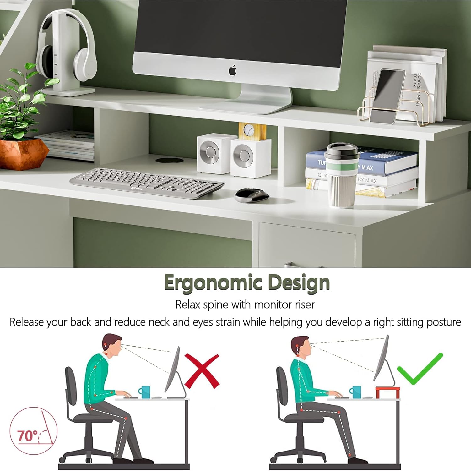 Home Office Computer Table with Hutch and Monitor Shelf, Modern Writing Desk with Drawers and Shelves - White