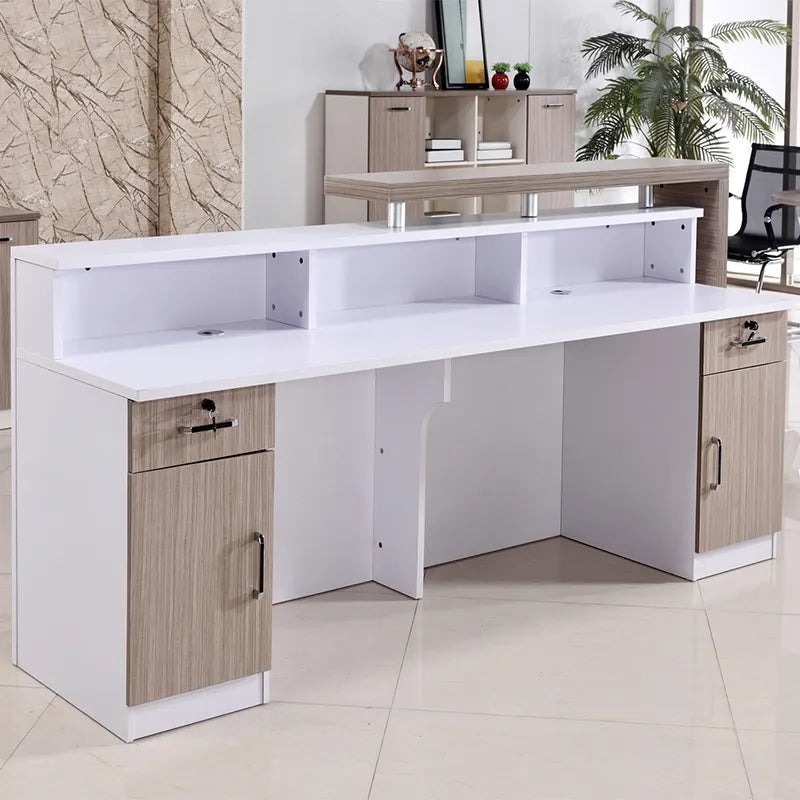 Reception Table for Office Counter Stylish Design Made in Particle Board and Multi Drawers & Round Wire Manager Openable Shutter- White Color