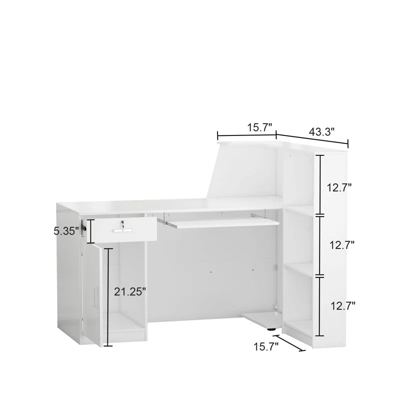 Reception Table for Office L Shape Front Counter Desk Made in Particle Board with Keyboard Tray, Multi Book Self and Openable Shutter & White Color