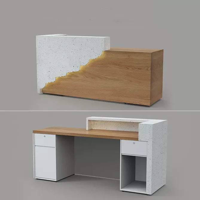 Reception Table for Office Luxury Modern Counter Stylish Design Made in MDF with Marble Pattern and Ample Storage & Openable Storage -White & Brown