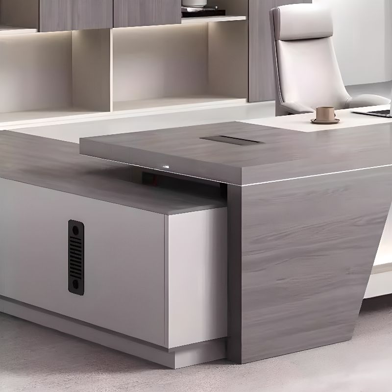 Director L-Shape Office Table Luxury Desk Made in Plywood with Locking Drawer, Reversible Orientation, Integrated Cable Management, and CPU Storage - Grey