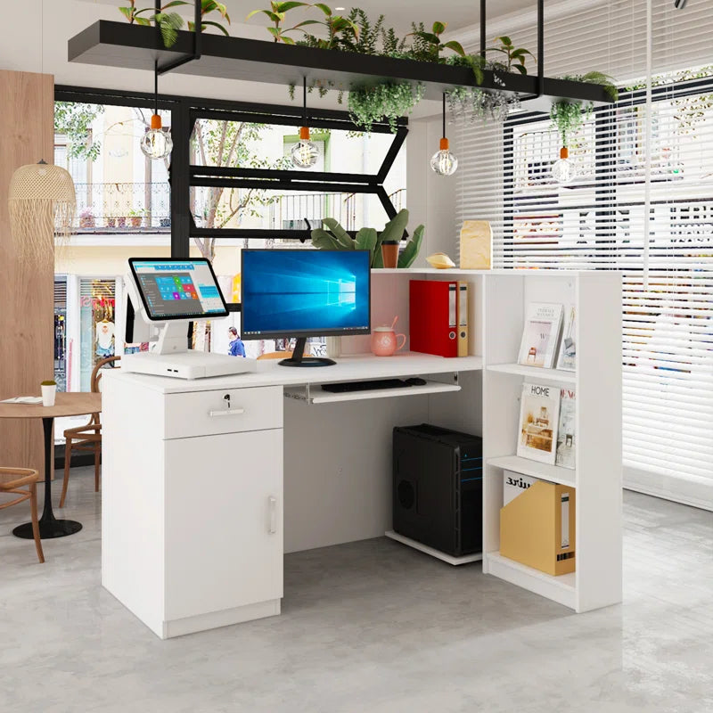 Reception Table Office Stylish and Functional for L Shape Front Counter Desk Made in Particle Board with Keyboard Tray and Drawers, Openable Shutter- White Color