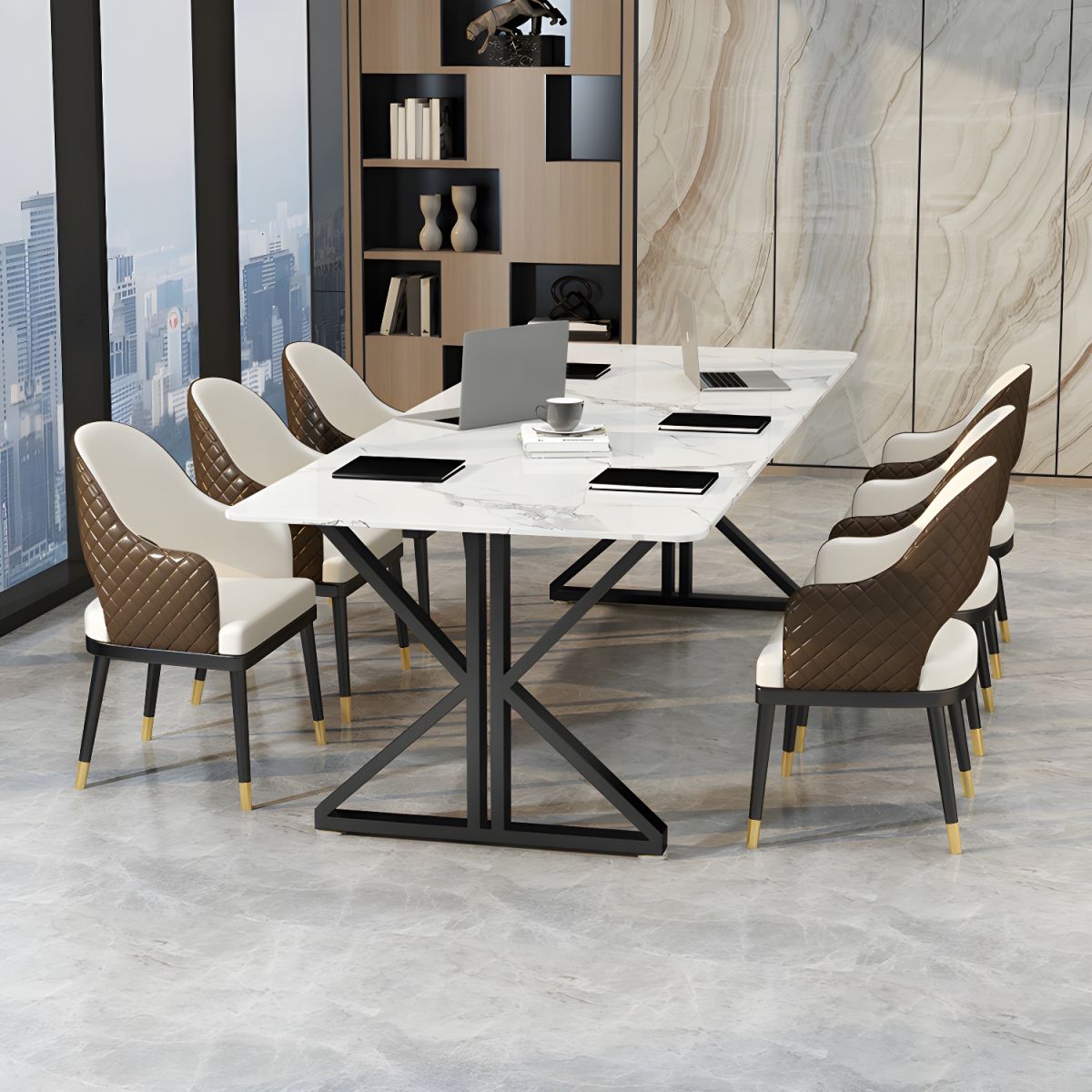 Conference and Meeting Marble Laminate Top Office Table Base in MS Metal Legs with Golden Powder Coating ( 7.3x3 Ft.)