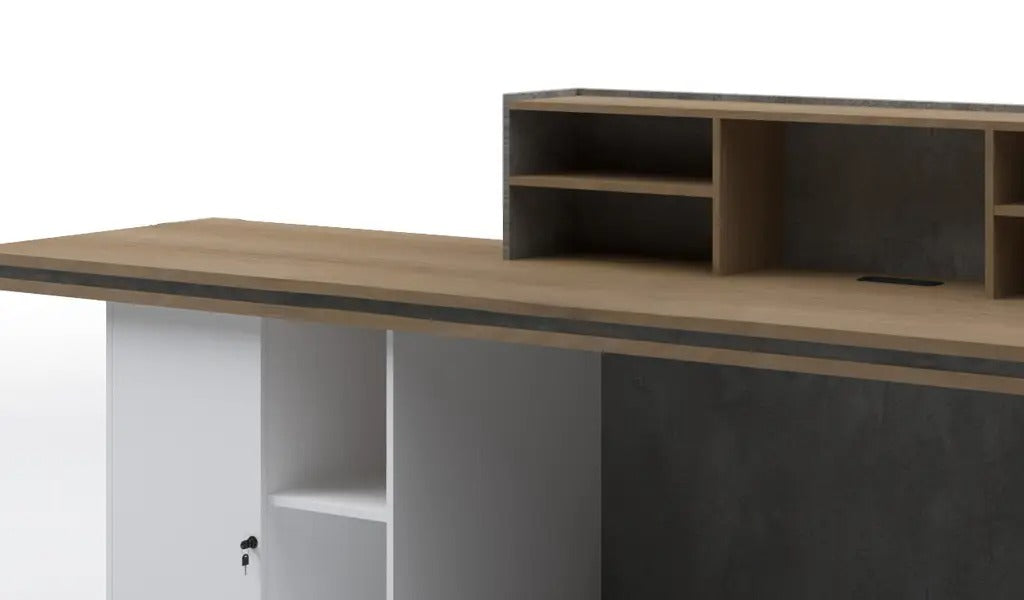 Reception Table Made In Engineered Wood Is Includes One Fixed Storage Pedestal and, Inbuilt Wire Management Grommet