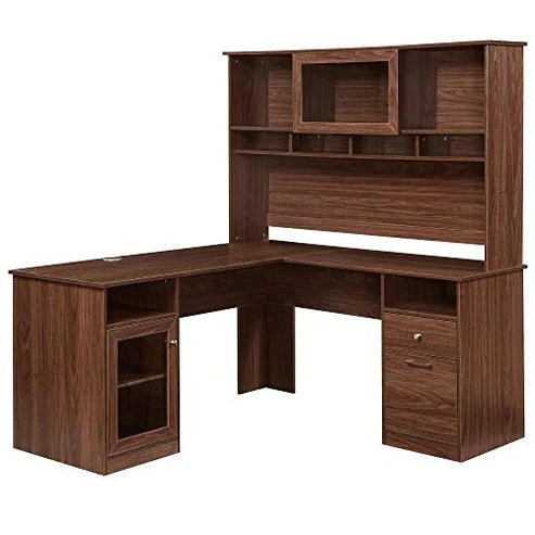 Home and Office L Shape Computer table made a Particle Board with Drawer and Book Self, Cabinate- Brown Color