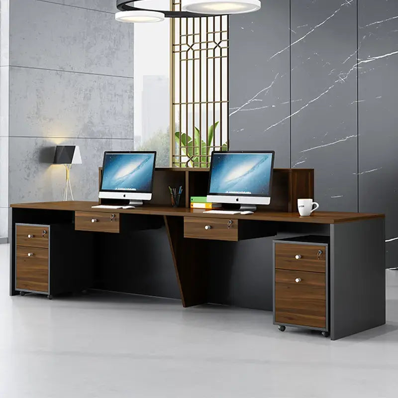 Reception Table for Office Luxury Modern Counter Made in Particle Board and Pedestal & Round Wire Manager- Grey & Brown