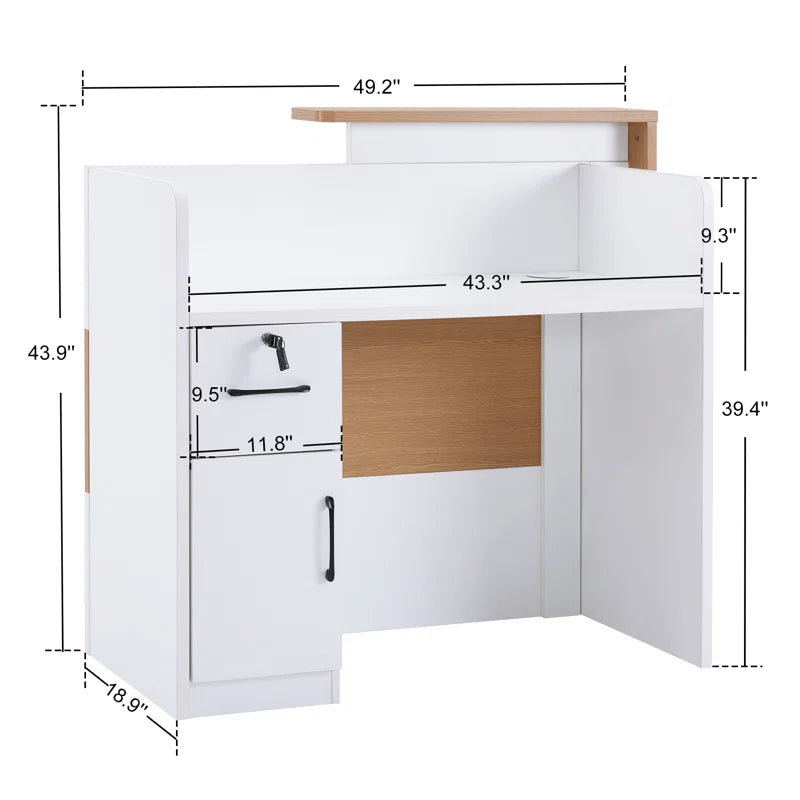 Reception Table for Office Front Counter Desk Made in Particle Board with Round Wire Manager, Drawers and Openable Shutter & White-Brown Color&