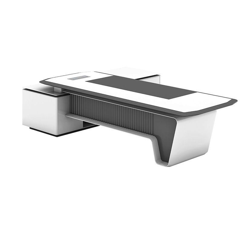 Director L-Shape Office Table Luxury Desk Made in MDF with Reversible Orientation, Integrated Cable Management, and CPU Storage - White Grey