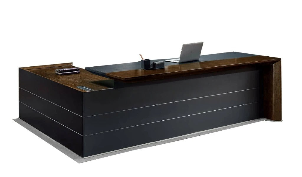 Director L-Shape Office Table Luxurious Executive Desk with Leather & Veneer Top Red Oak Finish Wire Management System and Power/Data Sockets for a Stylish Office or Home Workspace