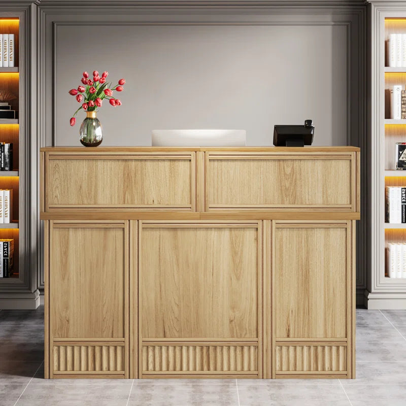 Reception Table for Office & Hotel Front Counter Desk Made in Particle Board with Molding and Pedestal - Brown