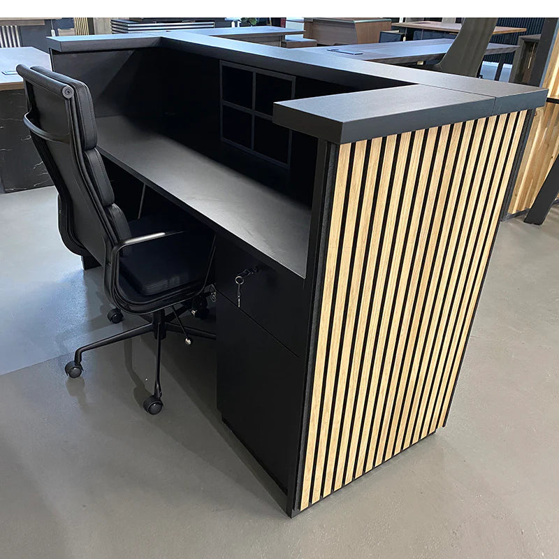 Stylish Reception Table for Office Made in Flexible Ply with Pinewood U Shape Design and Drawer & Storage - Black & Oak