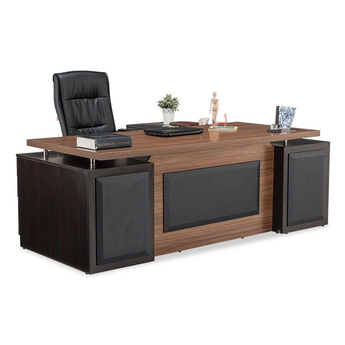 Director L shape Table Made in Engineered Wood and Metal SS, Matte Finish, Brown - Classic Walnut