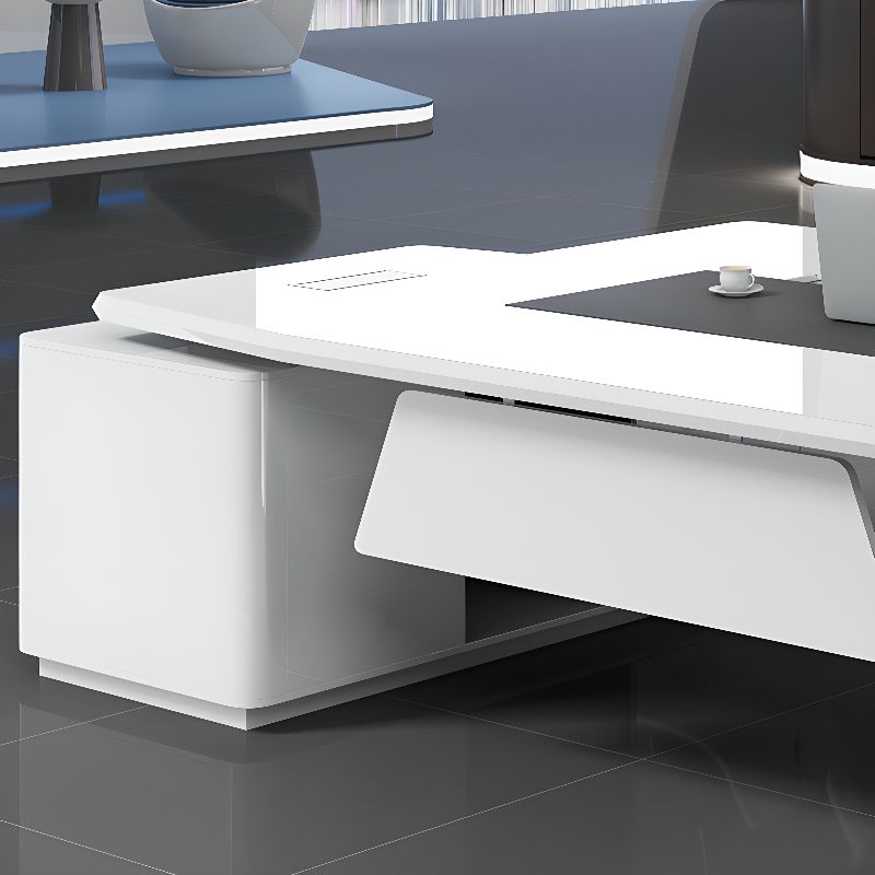 Luxury Director L-Shape Office Table Desk Made in MDF with Wire Manager Drawers Lockable and Storage for a Modern Workspace - White