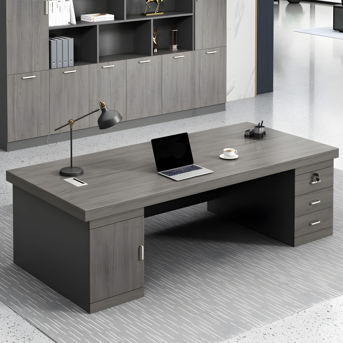 Director & Executive Rectangular Office Table Modern Desk Made in Particle Board with Drawer and Wire Manager - Brown