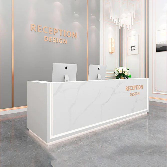 Reception Table for Office Luxury Modern Counter Stylish Design Made in MDF with Marble Pattern and drawer Keyword tray and CPU Space and Openable Storage - White Color