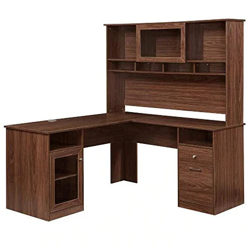 Home and Office L Shape Computer Table Made in Particle Board with Drawer and Book Self, Cabinet- Brown Color