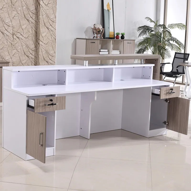 Reception Table for Office Counter Stylish Design Made in Particle Board and Multi Drawers & Round Wire Manager Openable Shutter- White Color