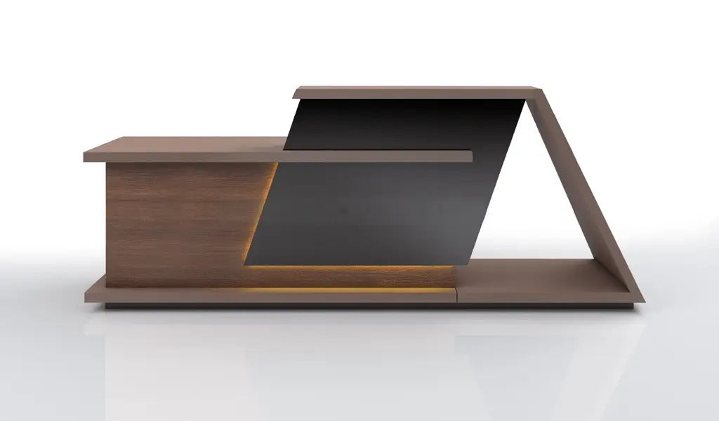 Reception table made in Engineered wood is a combination of walnut, glossy black & muddy gray laminate. Designed with inbuilt wire management grommet