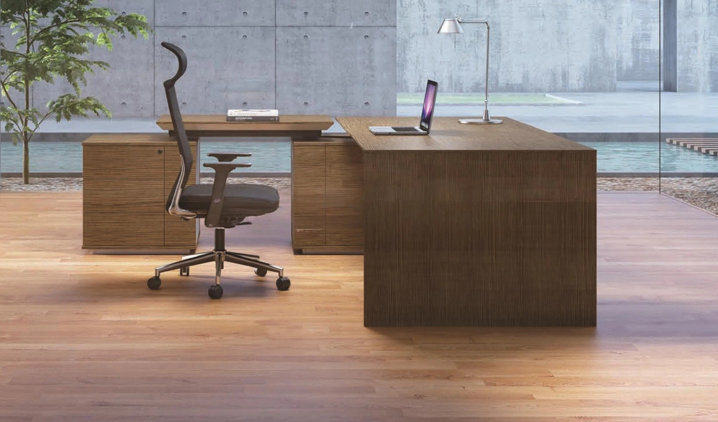 Director L-Shape Office Table Luxury Design Made in Plywood with Premium Hardware for Enhanced Workspace Modesty Panel Multi-Functional Wire Box - Walnut Veneer